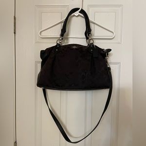 Coach Black on Black Signature Logo Double Strap Handbag with 3 main pockets.